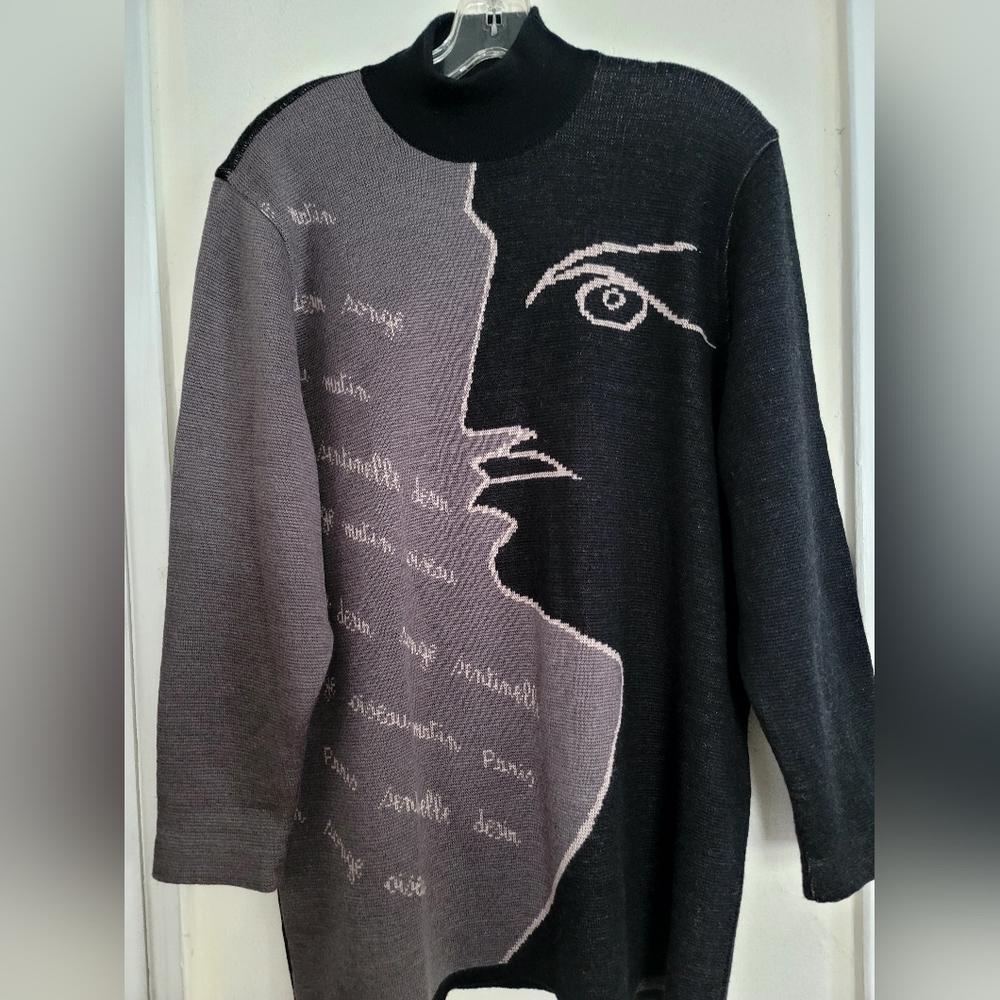 Vtg Rodier Black Gray Mock Neck Graphic Wool Blend Tunic Sweater Size Large - Picture 2 of 13
